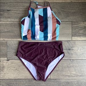Maroon and Striped Tankini Set